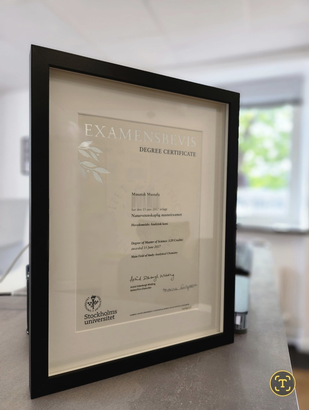 Examensbevis – Master of Science i analytisk kemi, Stockholms universitet