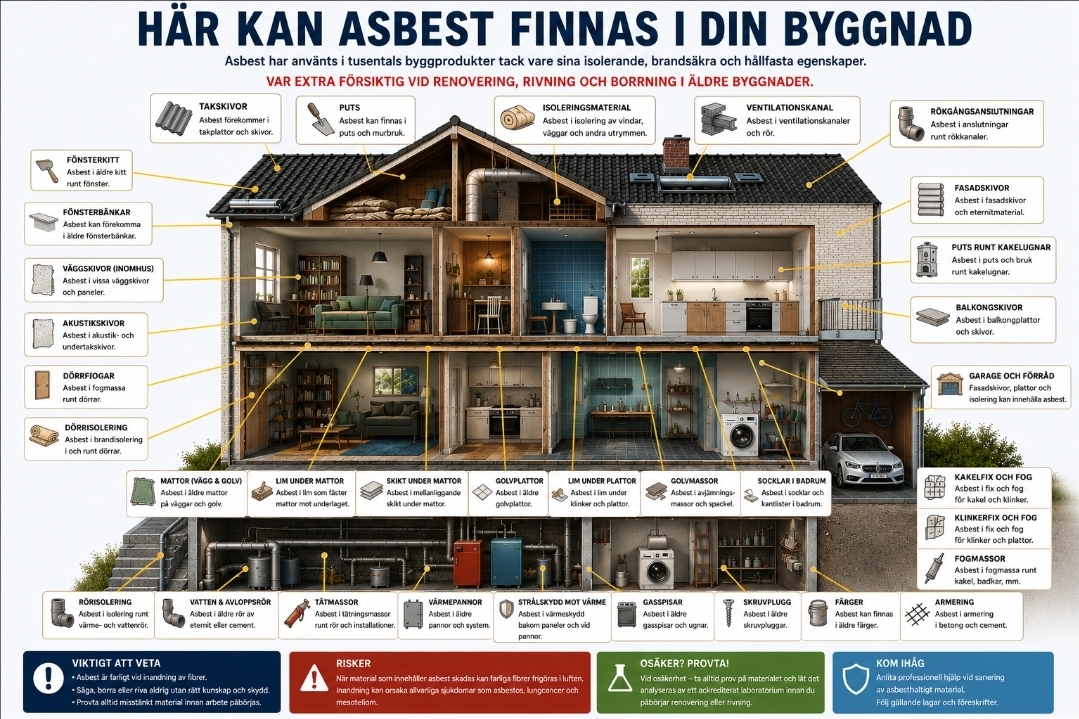 Översikt: var asbest kan finnas i en byggnad